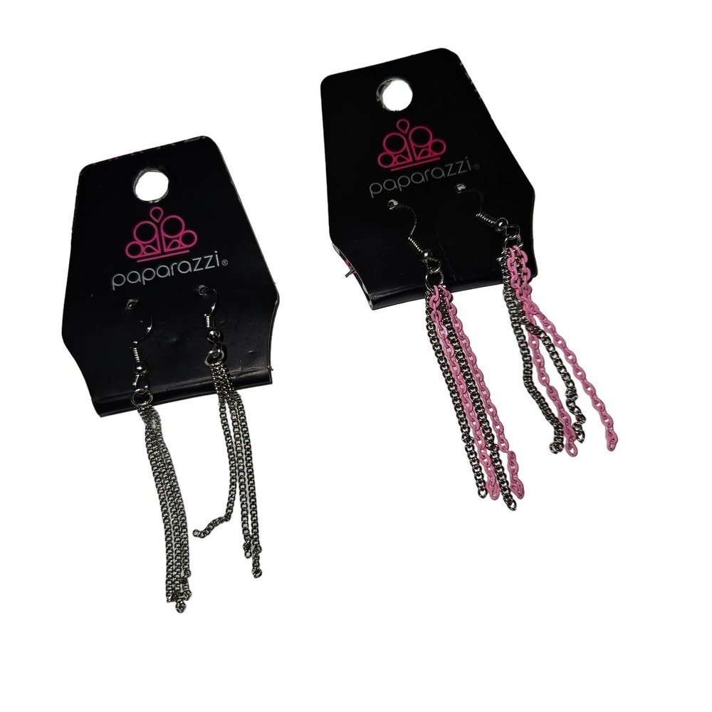 NEW Paparazzi Chainlink Earrings 2 Pair Silver Pink Dangle Drop Tassel NWT